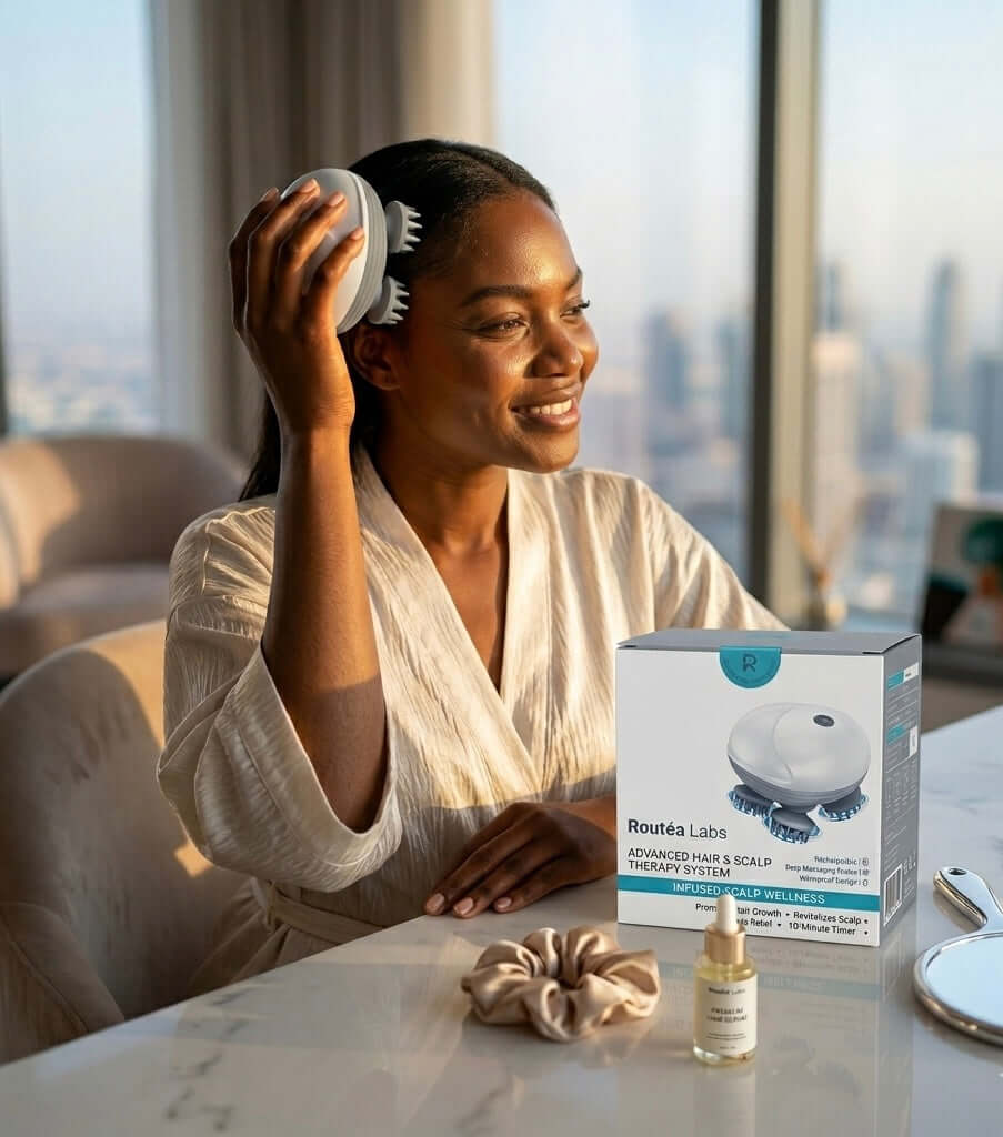Woman enjoying Deep clean scalp and massager Therapy with a professional hair and scalp massager in a modern setting.