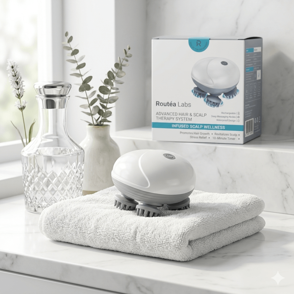 Deep clean scalp and massager Therapy on a soft towel beside a bottle and plant, showcasing scalp wellness.