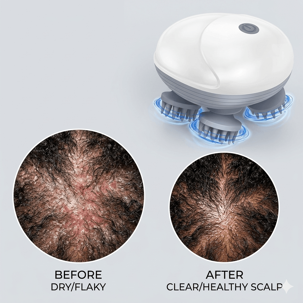 Deep clean scalp and massager Therapy before and after results showcasing dry, flaky scalp transforming to clear, healthy scalp.
