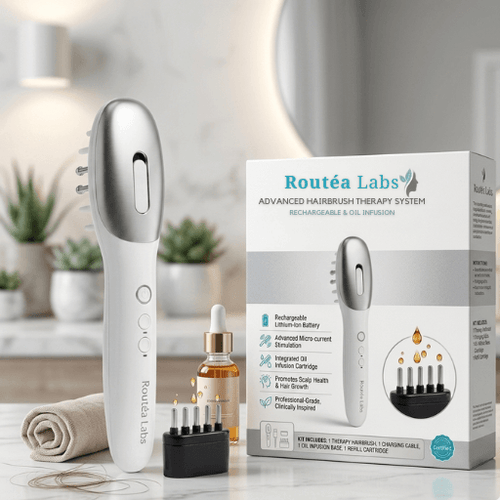 EMS hair growth comb with light therapy and oil dispenser in a professional setting.