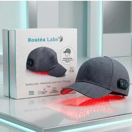 Red light Therapy hair growth cap displayed with packaging and red light technology for hair regrowth.