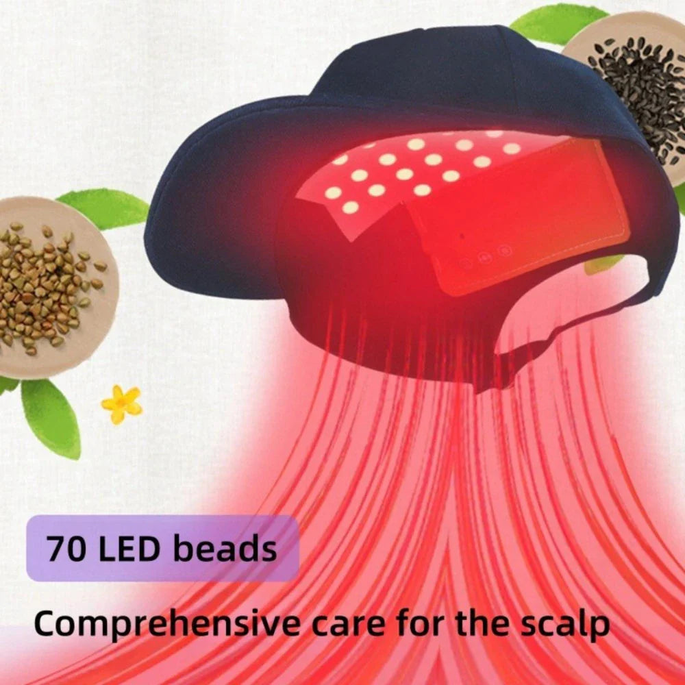 Red light Therapy hair growth cap with 70 LED beads for comprehensive scalp care.